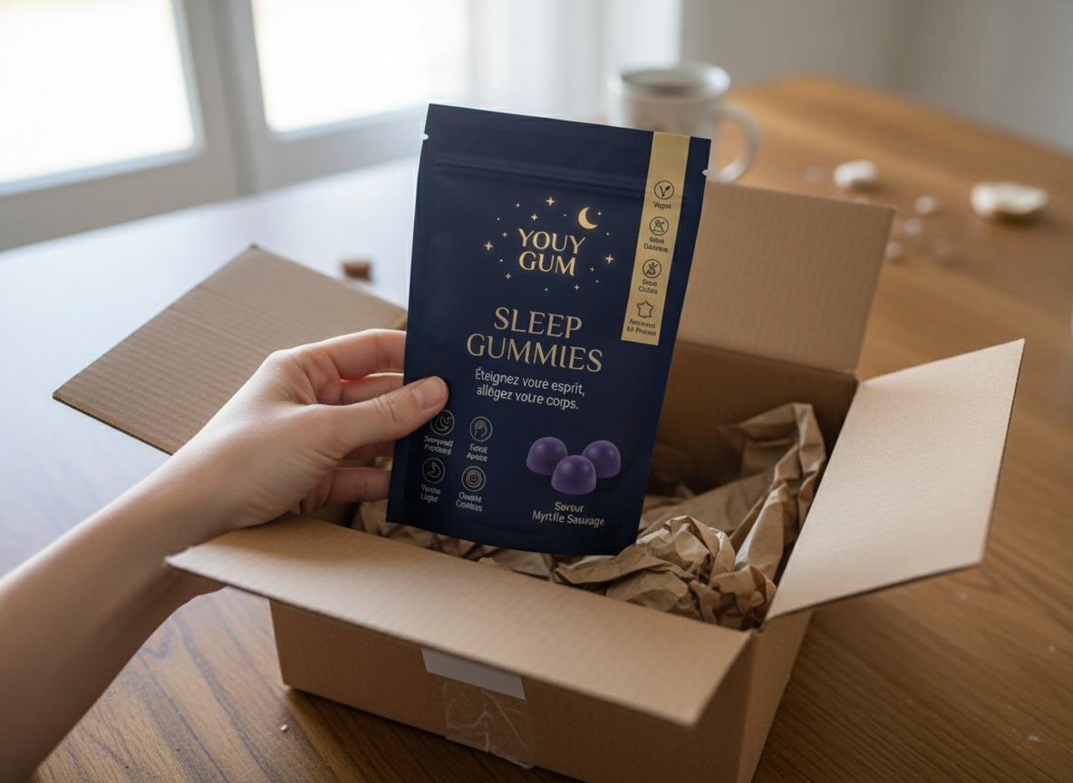 Clients YOUY GUM - Femme detendue, gummies Stress Relief, et couple dormant paisiblement